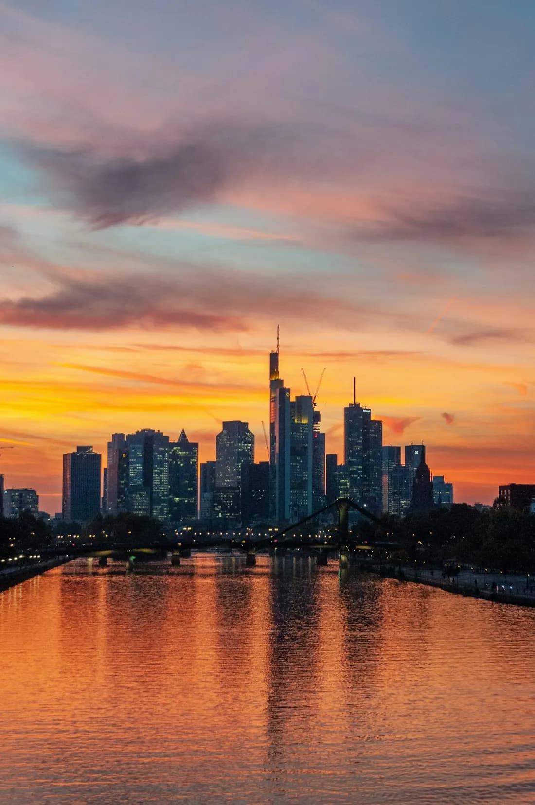 Frankfurter Skyline am Main im Abendlicht